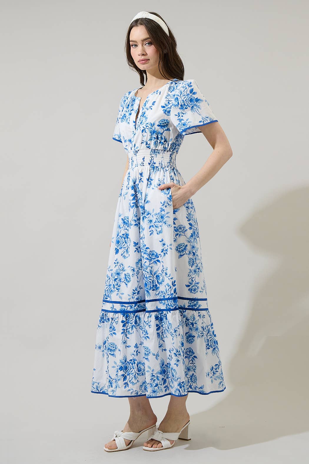 Blue Floral Smocked Midi Dress