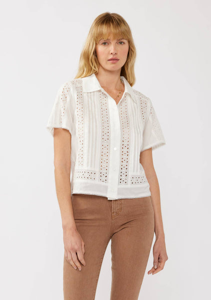 White Floral Eyelet Lace-Trim Cotton Shirt