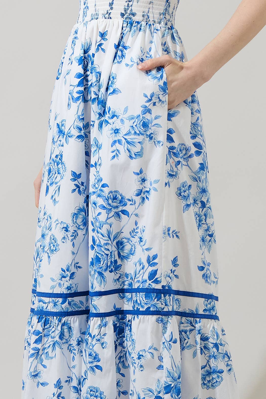 Blue Floral Smocked Midi Dress