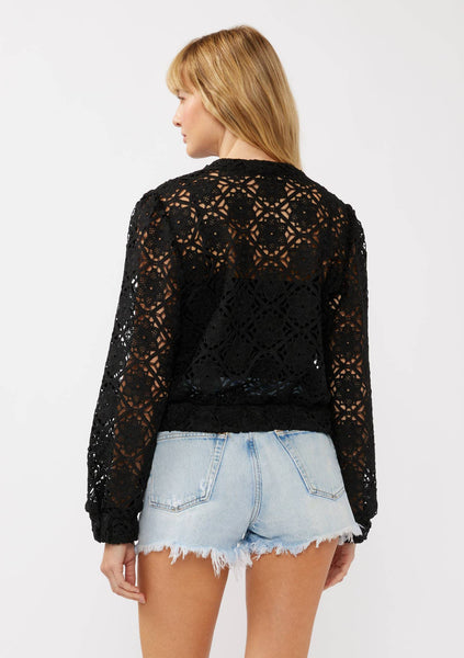 Black Floral Crochet Lace Bomber Jacket