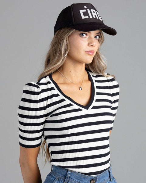 Black and White Stripe V-Neck Top