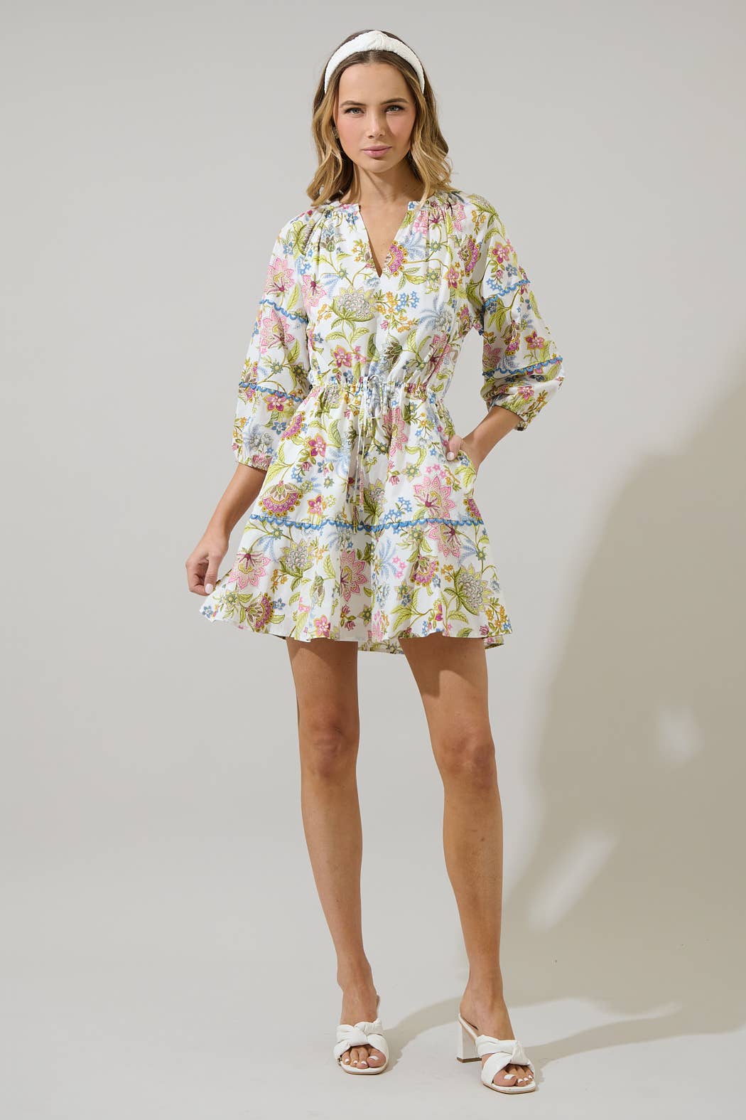 Mixed Floral Split Neck Mini Dress