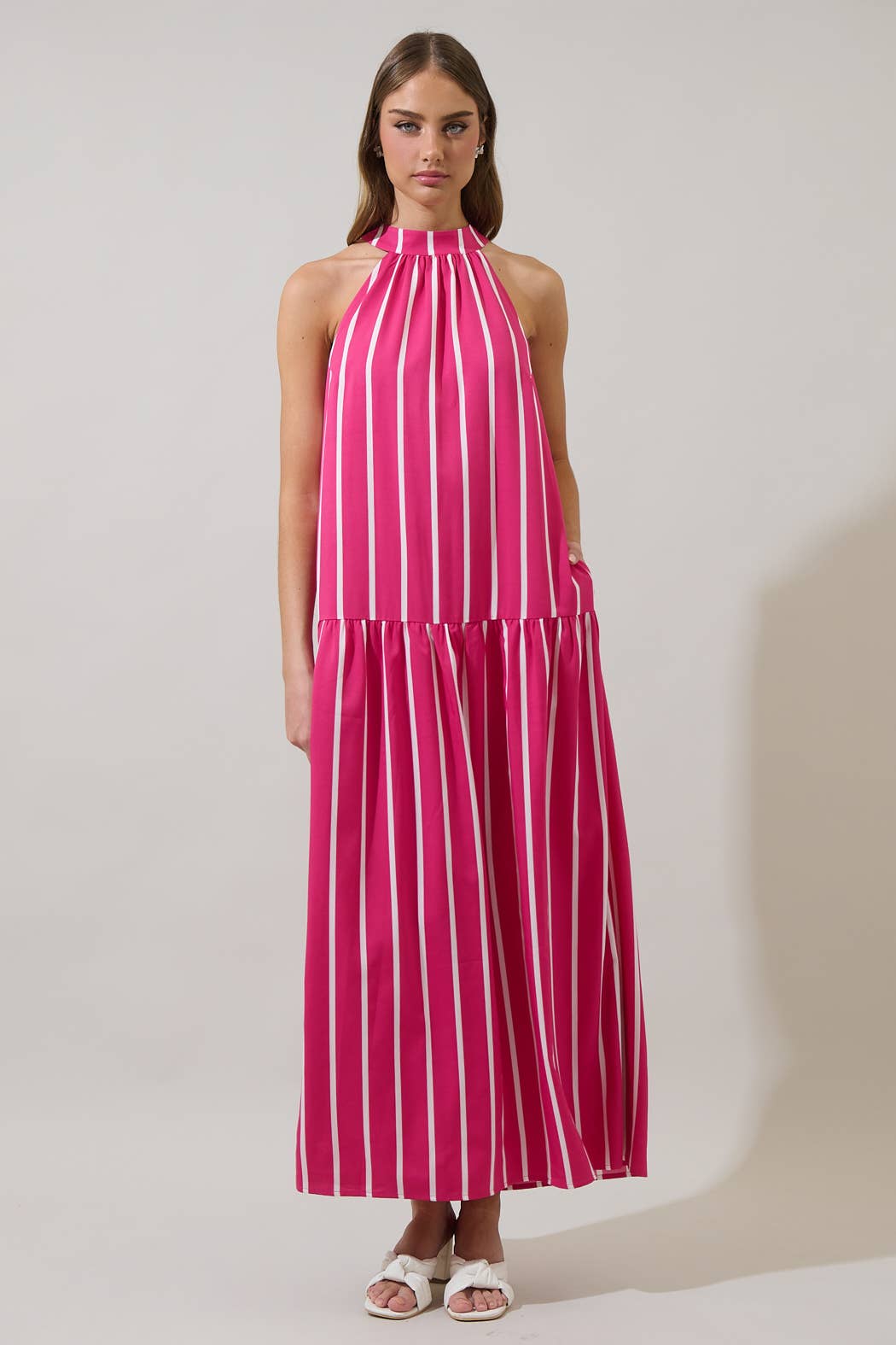 Fuschia White Striped Evonne Maxi Dress