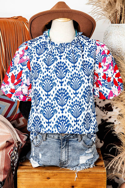 Western Print Floral Puff Sleeve Frill Neck Blouse