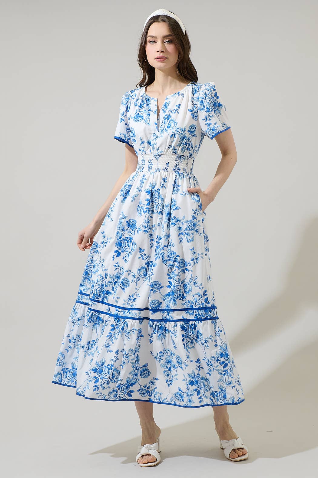 Blue Floral Smocked Midi Dress