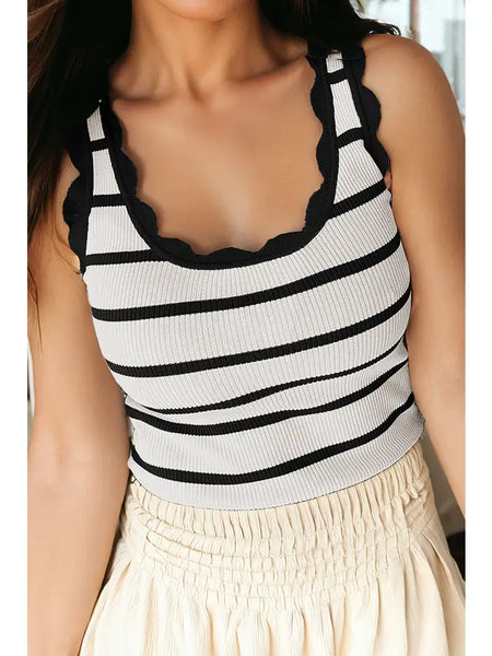 Black White Stripe Scalloped Edge Ribbed Tank Top