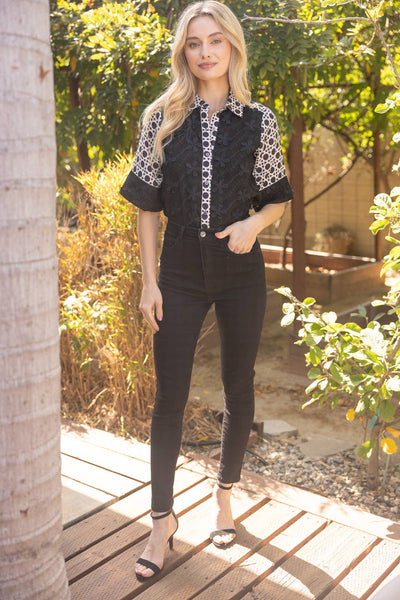 Black Textured Contrast Print Top