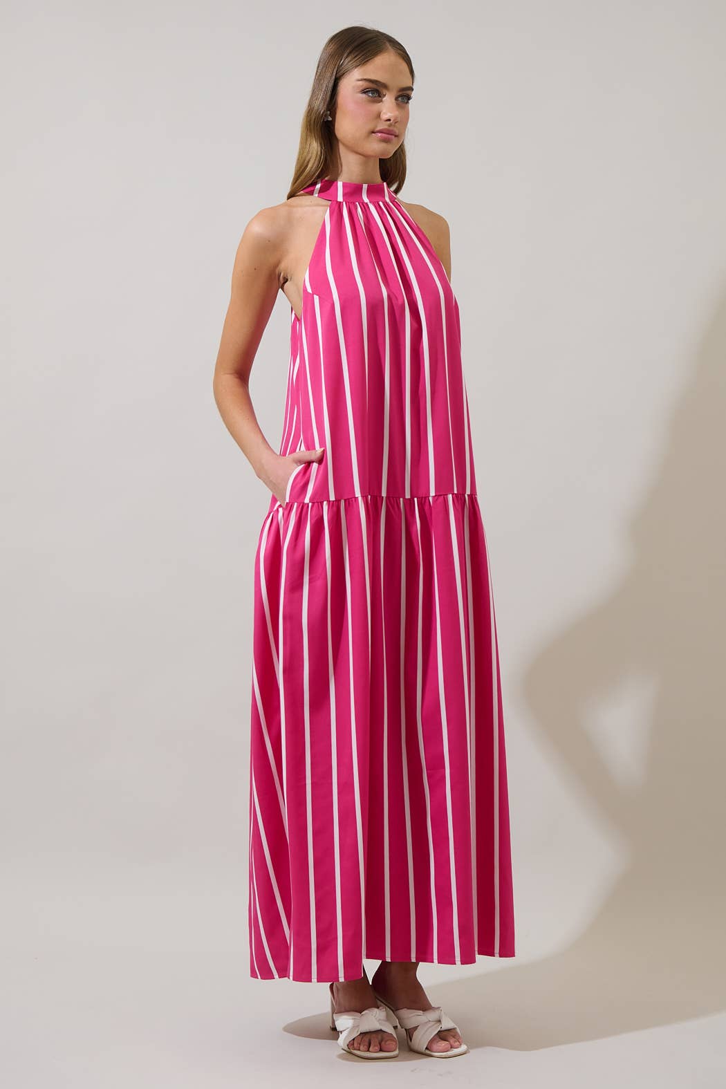 Fuschia White Striped Evonne Maxi Dress