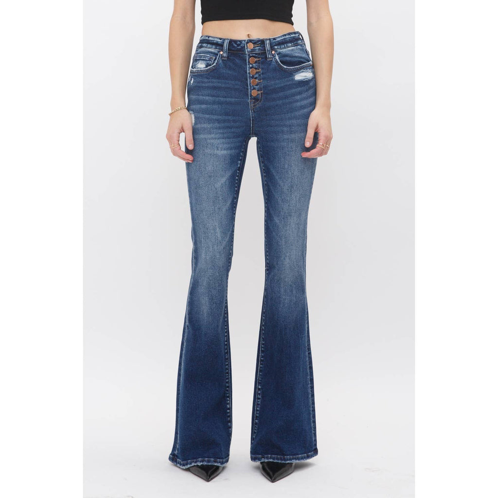 Dark Wash HIgh Rise Button Up Flare Jeans'