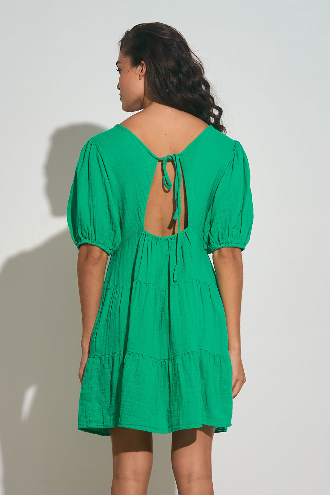 Elan Green Short Sleeve V-Neck Tiered Mini Dress