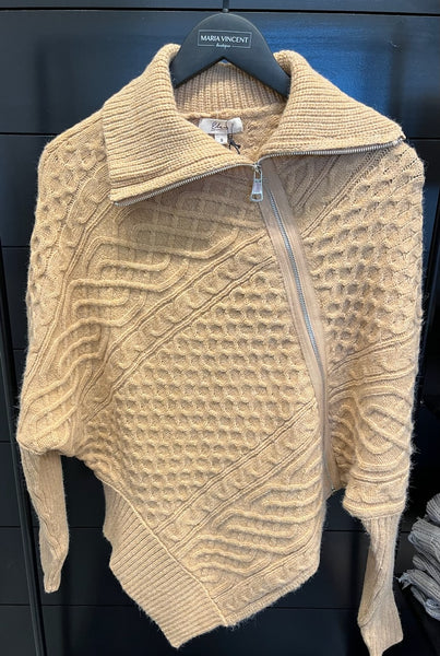 Elan Tan Diagonal Zip Front Sweater