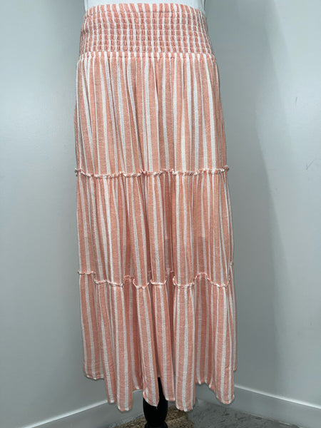 Elan Coral White Stripe Midi Tiered Skirt