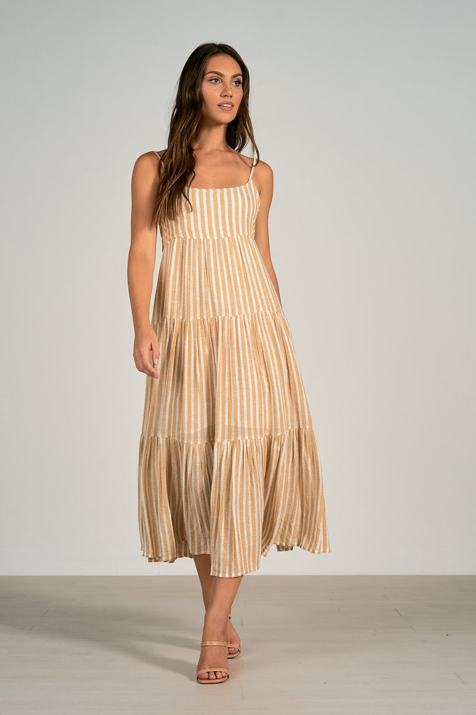 Elan Khaki White Stripe Spaghetti Strap Maxi Dress