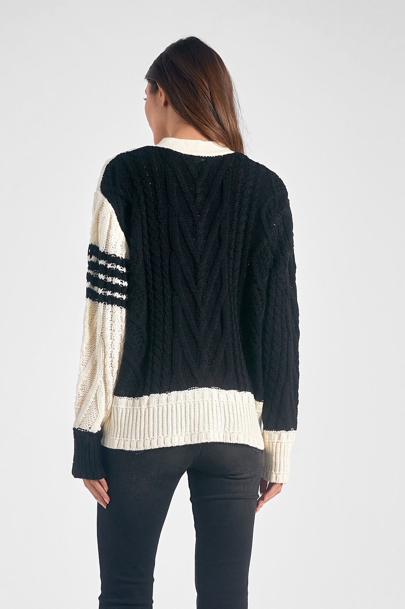 Elan Black White Colorblock Cardigan Sweater