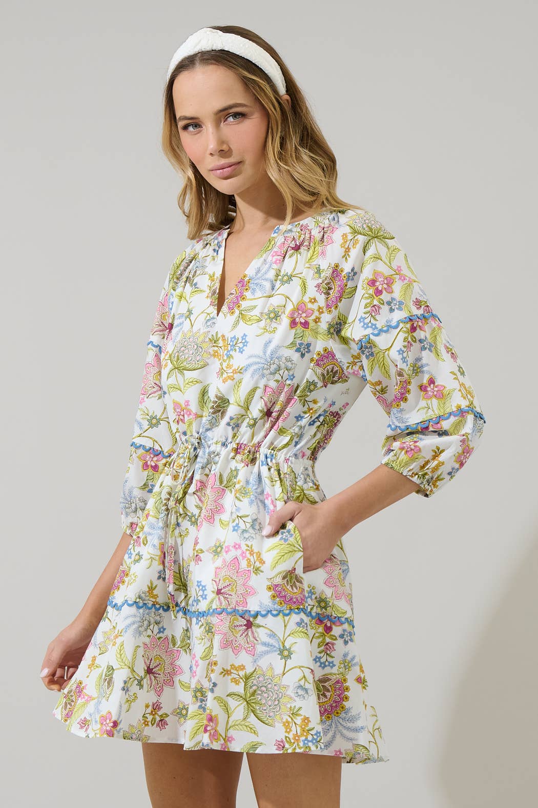 Mixed Floral Split Neck Mini Dress