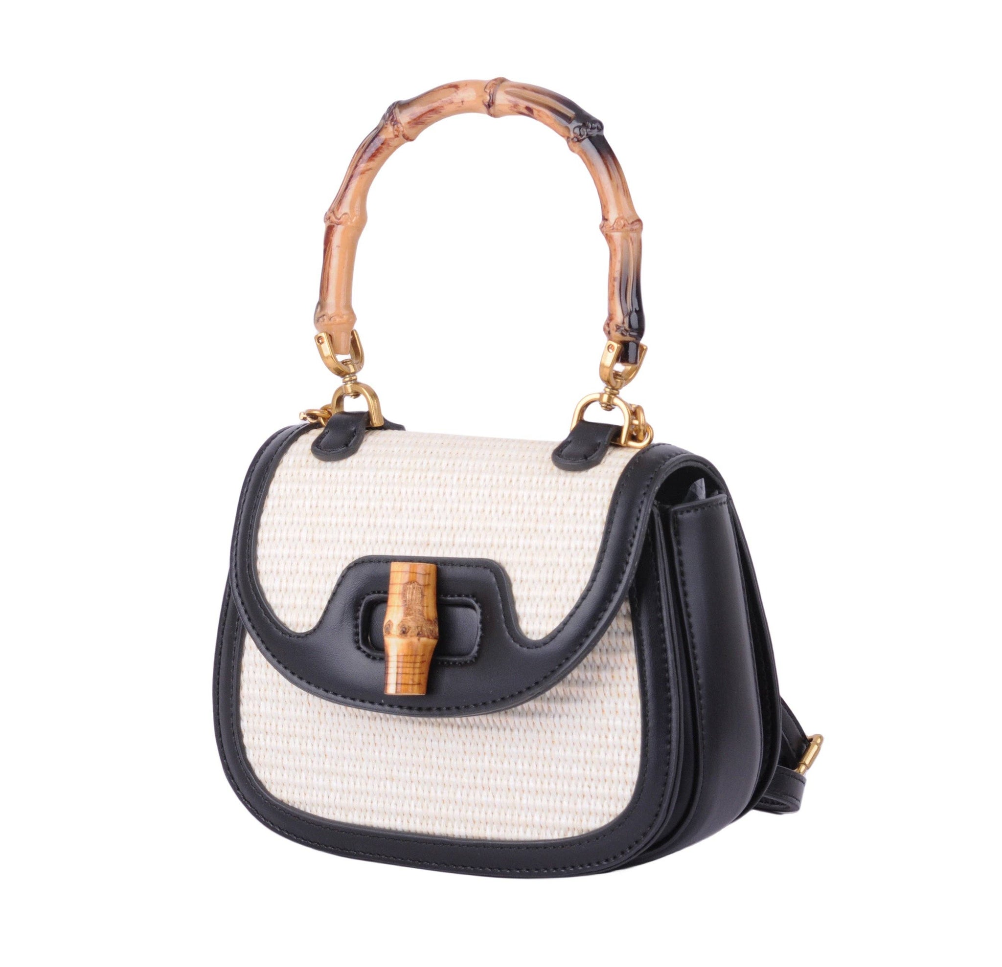 Saddle Bag with Bamboo Top Handle and Raffia Body