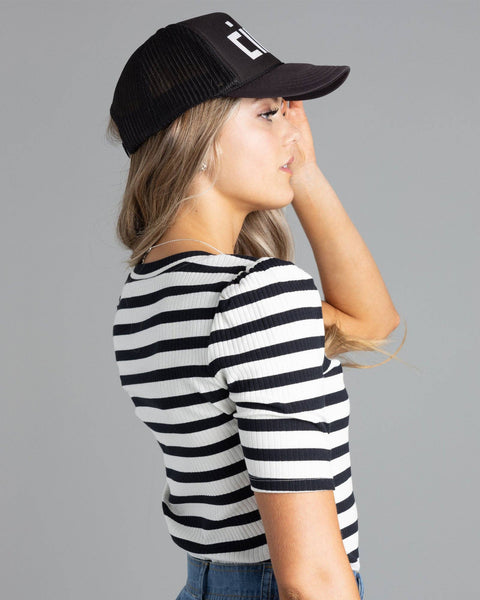 Black and White Stripe V-Neck Top