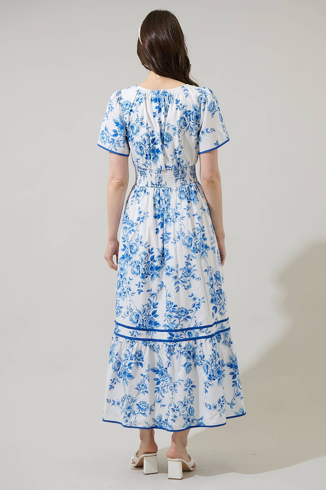 Blue Floral Smocked Midi Dress