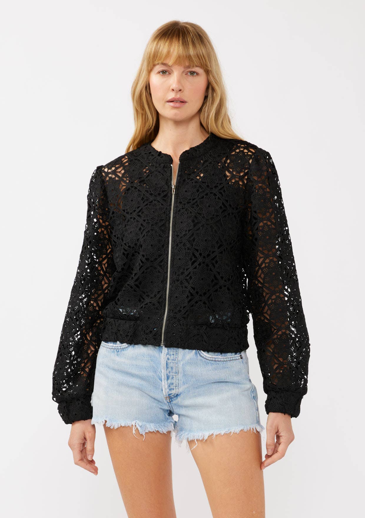 Black Floral Crochet Lace Bomber Jacket
