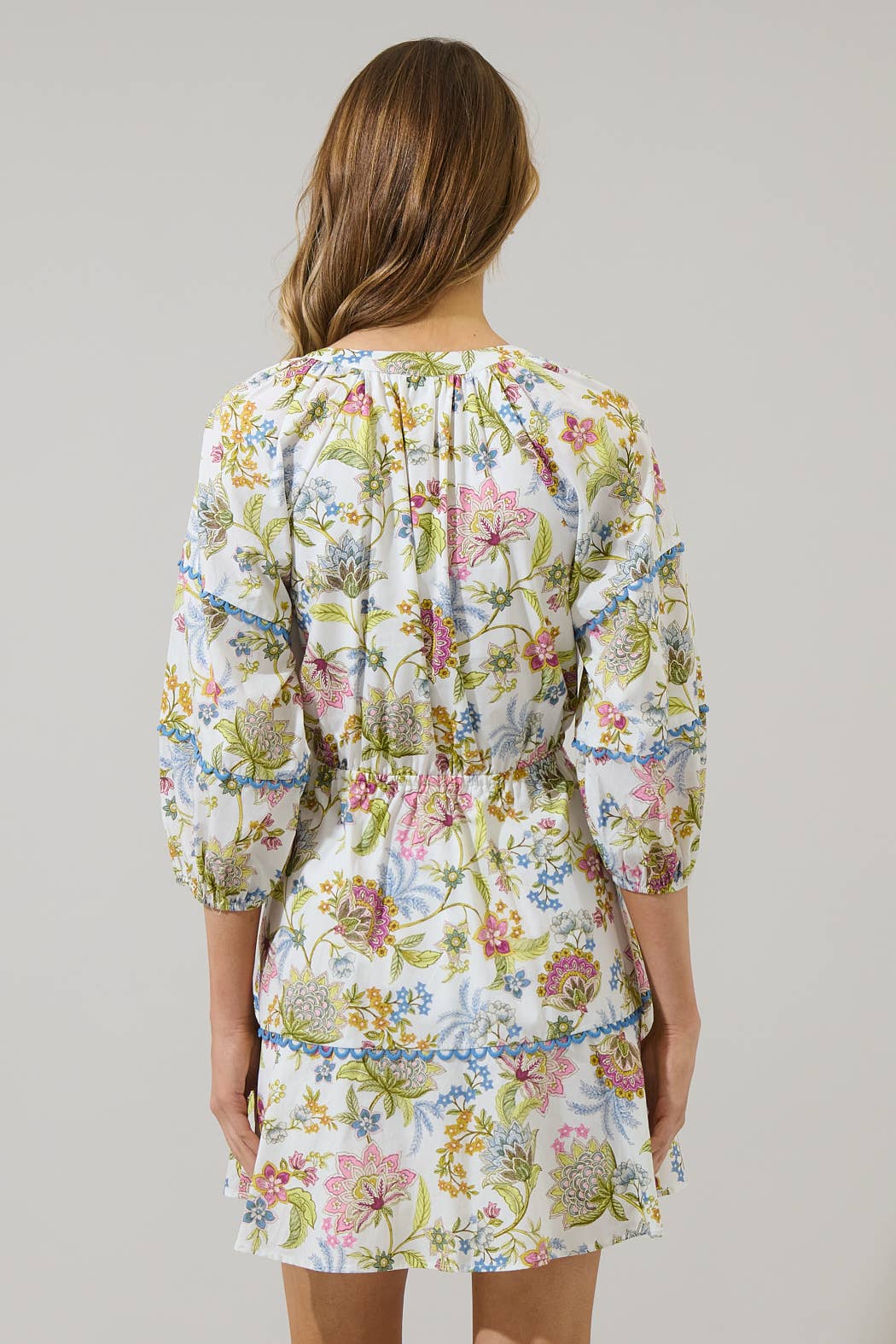 Mixed Floral Split Neck Mini Dress