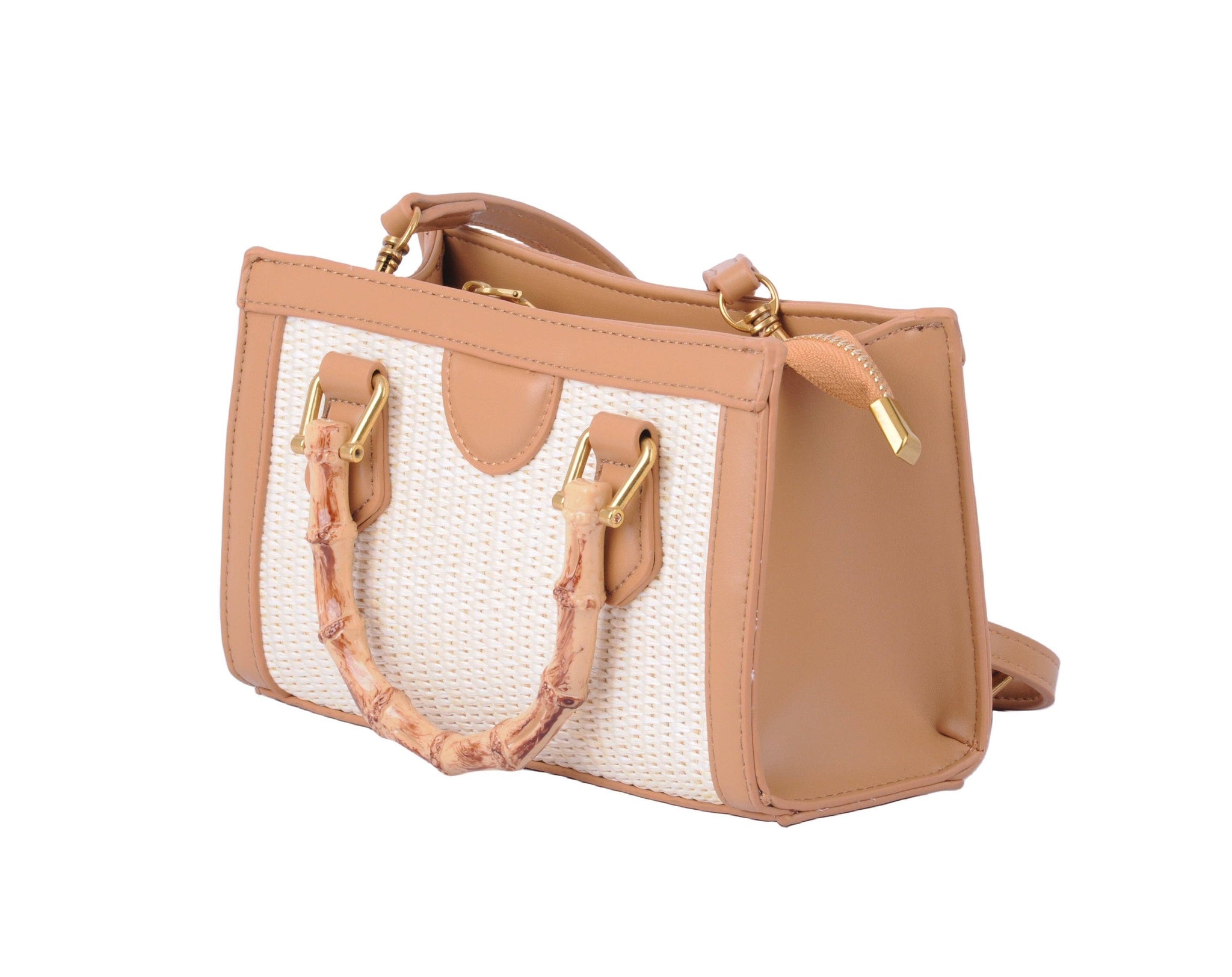 Satchel with Bamboo Top Handle and Raffia Body