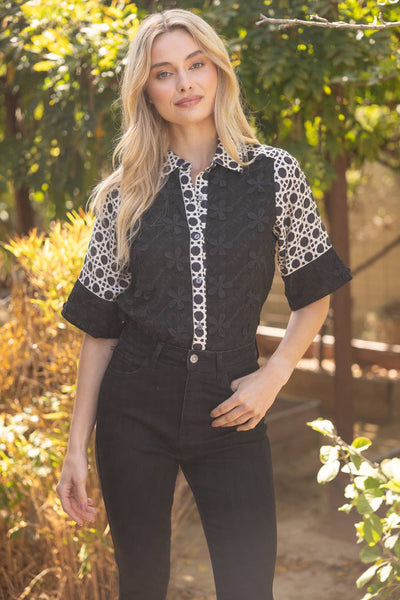 Black Textured Contrast Print Top