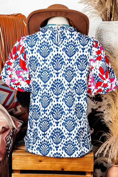 Western Print Floral Puff Sleeve Frill Neck Blouse