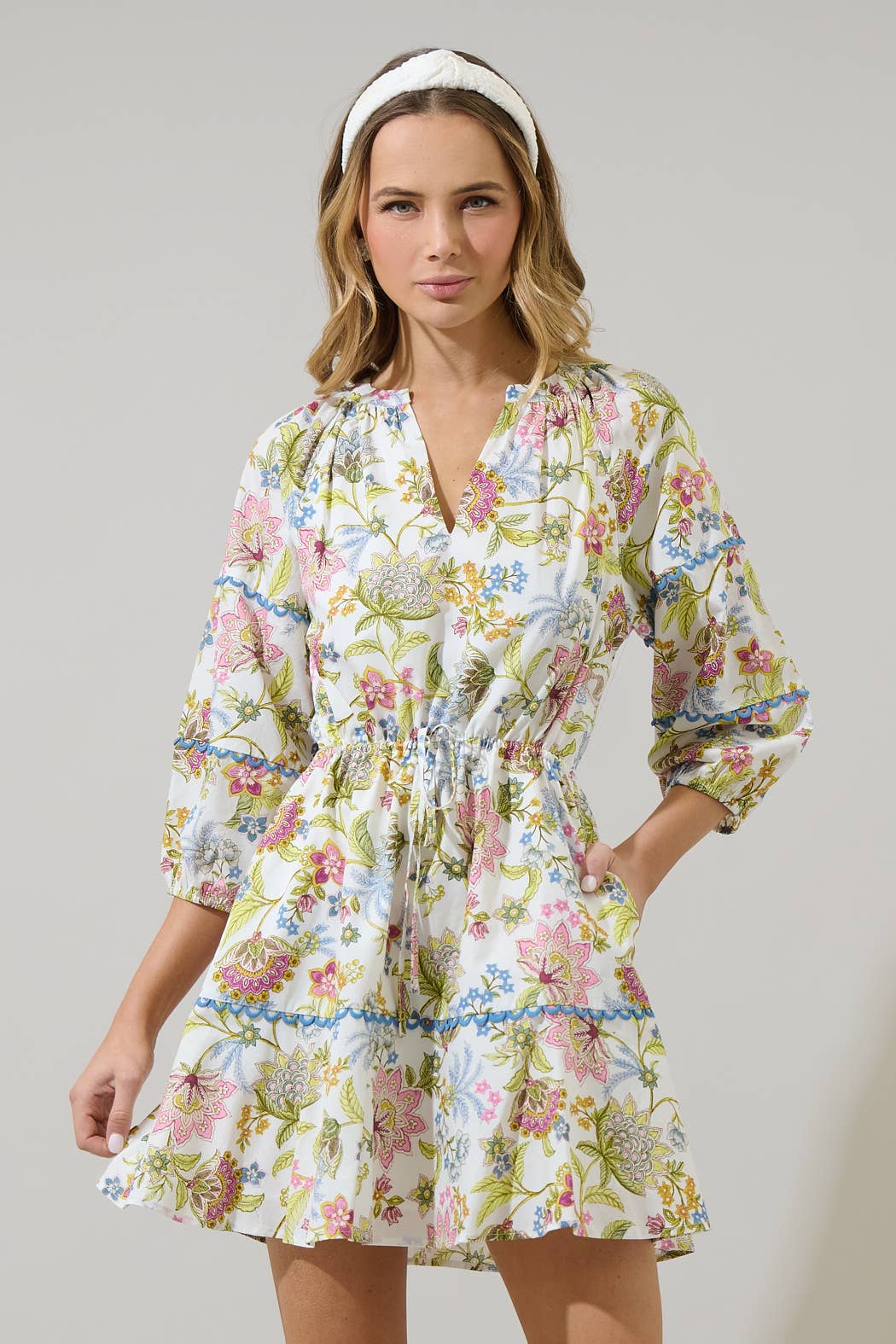 Mixed Floral Split Neck Mini Dress