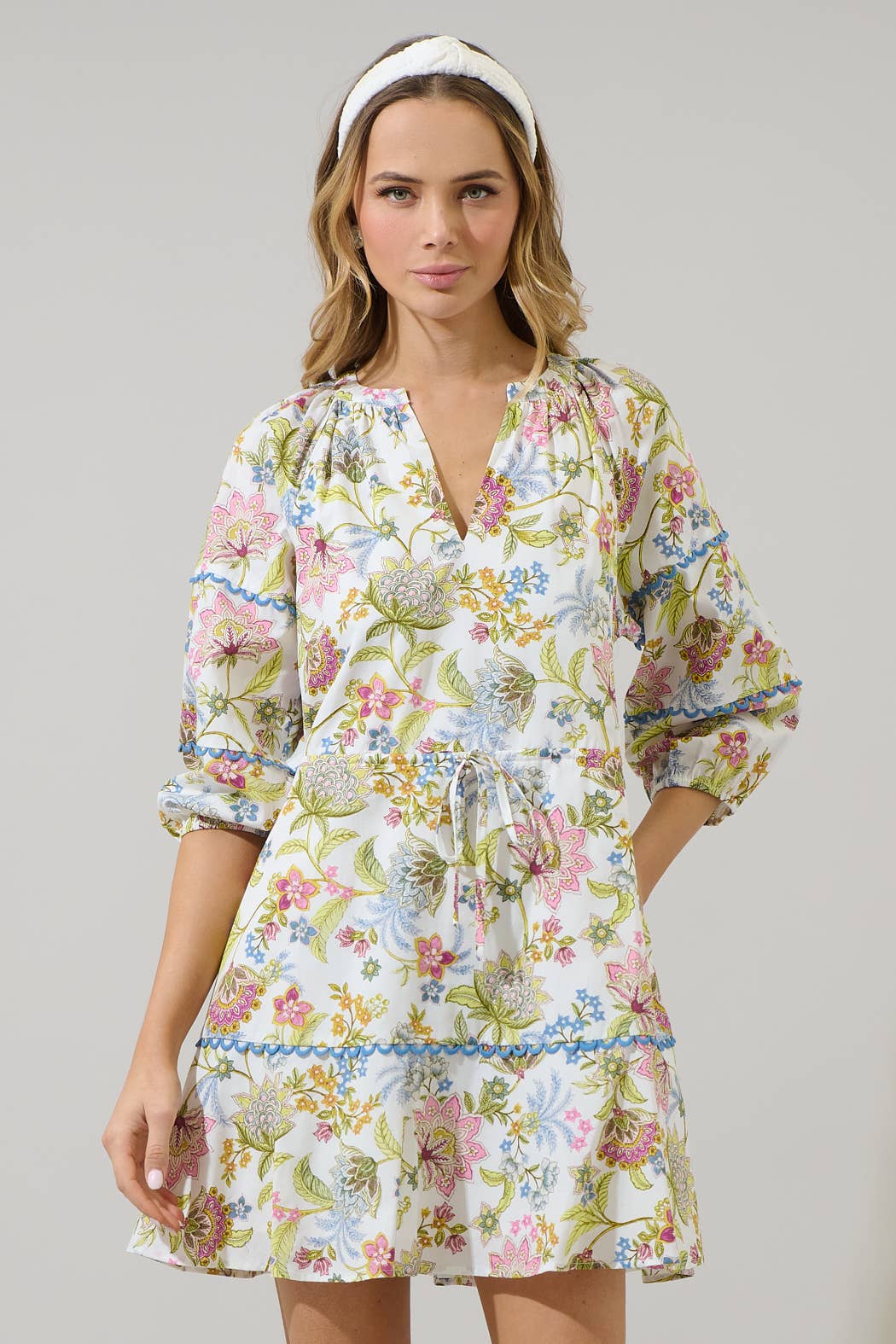 Mixed Floral Split Neck Mini Dress