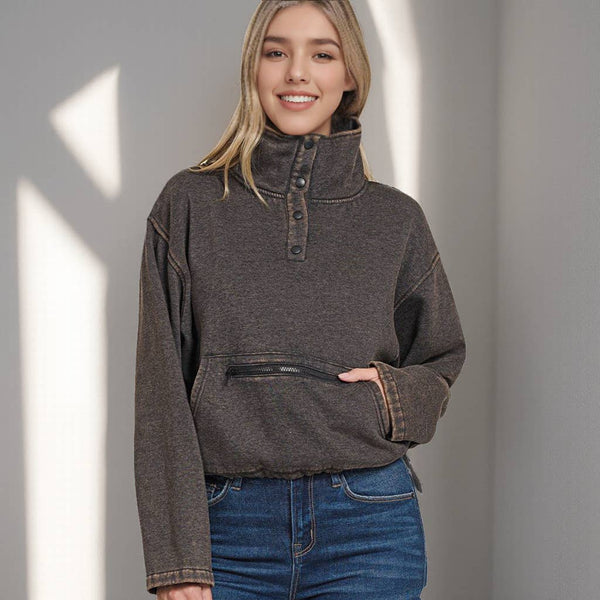 Ash Mocha Acid Wash Fleece Pullover