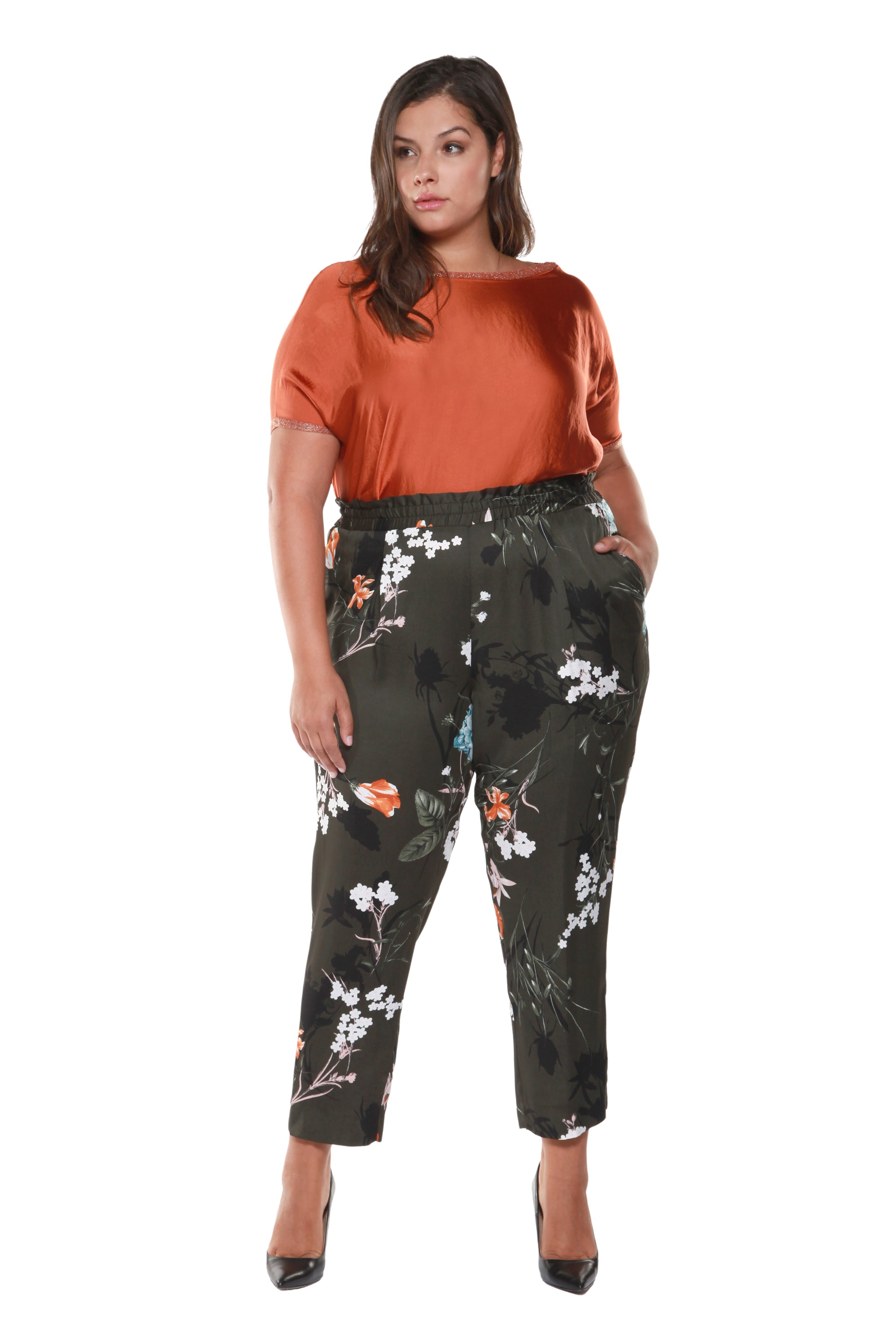 Plus Size Olive Green Floral Printed Pull On Pants