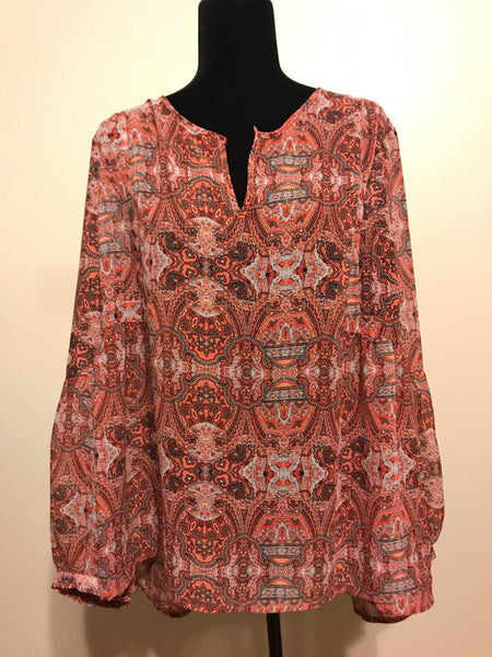 Plus Size Long Sleeve Raspberry Paisley Print Top