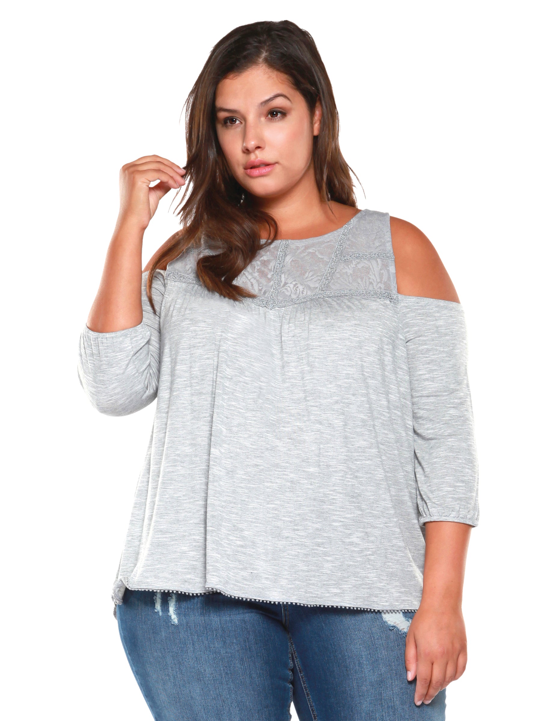 Plus Size Light Grey Long Sleeve Cold Shoulder Top