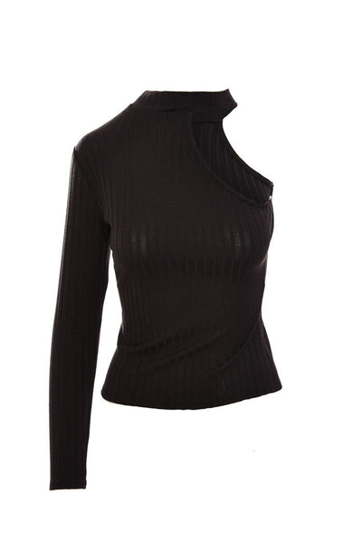 Black One Sleeve Rib Knit Top