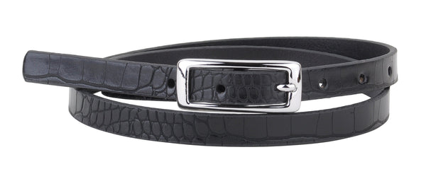 Skinny Leather Croc Belt with Silver Buckle