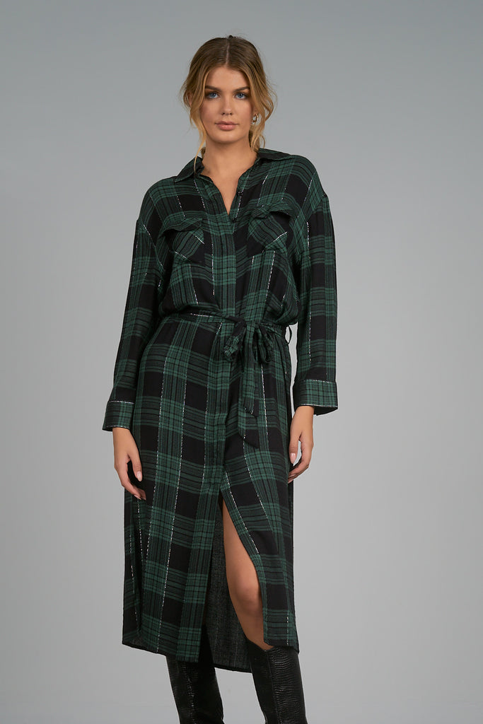 Elan Black Green Plaid Button Down Dress at Maria Vincent Boutique Elan Black Green Plaid Button Down Dress at Maria Vincent Boutique