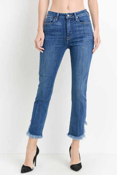 High Rise Straight Denim Jeans with Curve Fray Hem