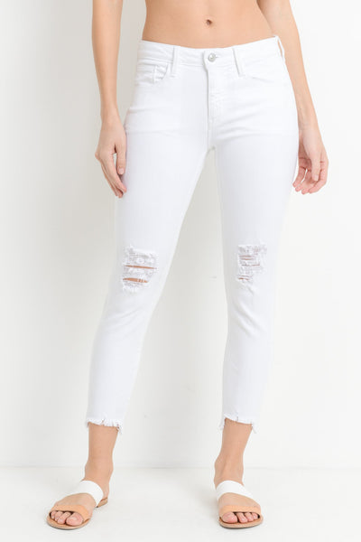 White Destroyed Hem Crop Skinny Jeans