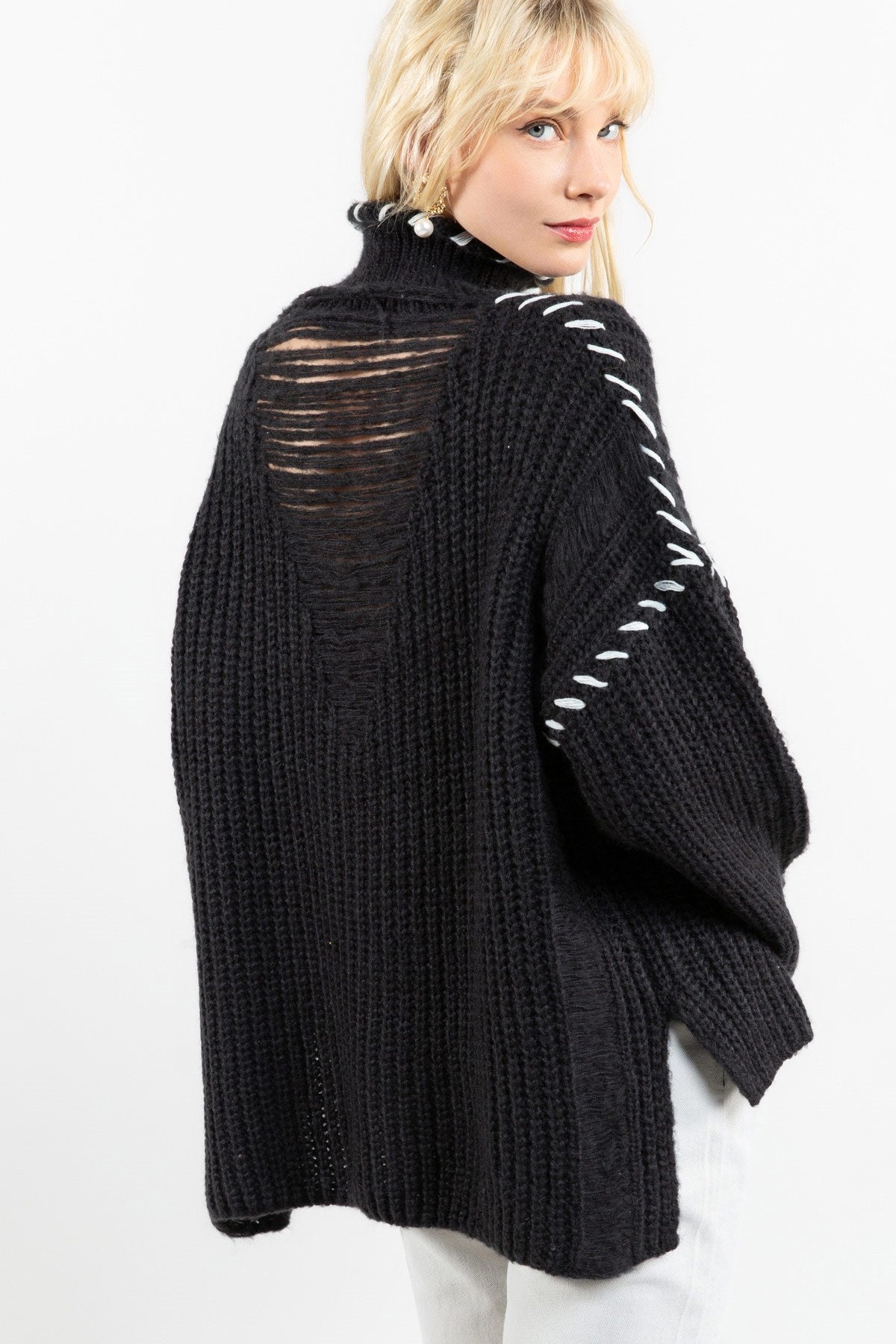 Black Turtleneck Oversized Sweater with White Stitching
