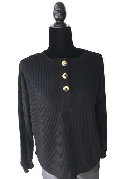 Black Waffle Knit Henley Top