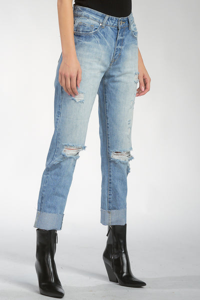 High Rise Boyfriend Jeans with Rips and Cuff Hem