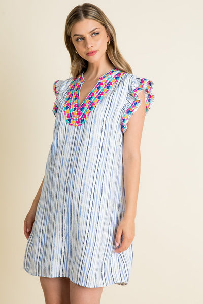 THML White Blue Embroidered Ruffle Sleeve Dress