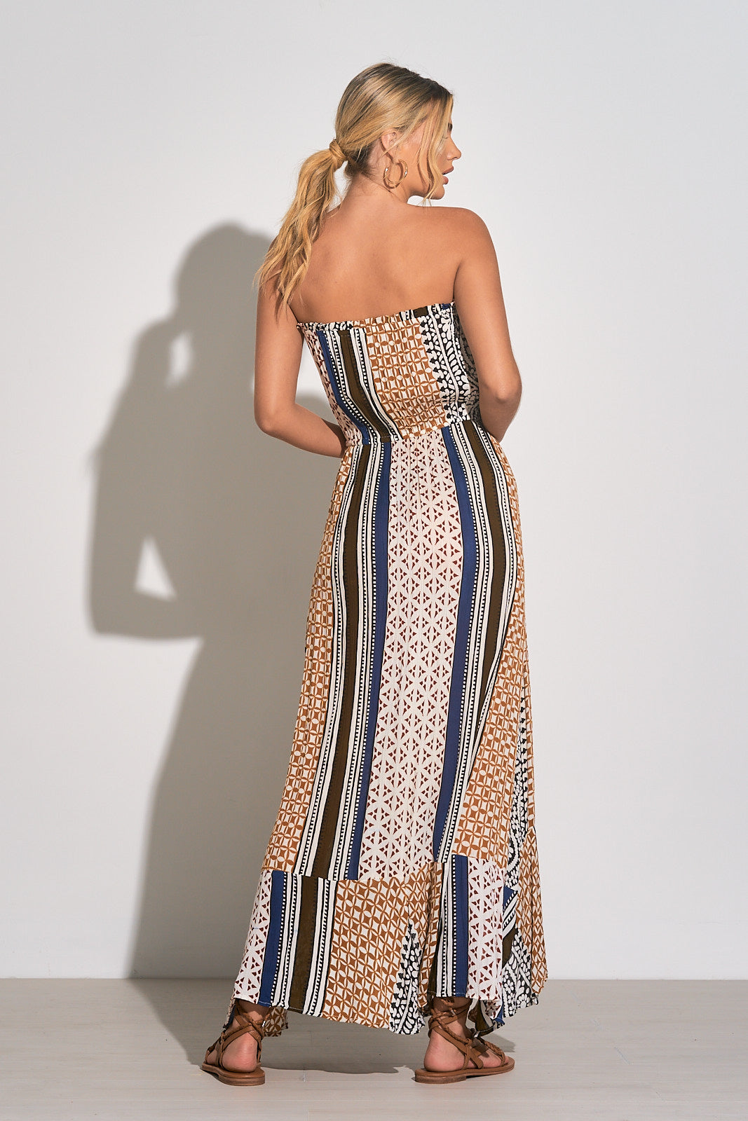 Elan Brown Marrakesh Print Strapless Maxi Dress
