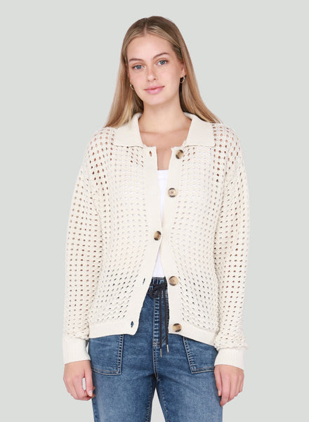 DEX Off White Open Stitch Button Front Cardigan