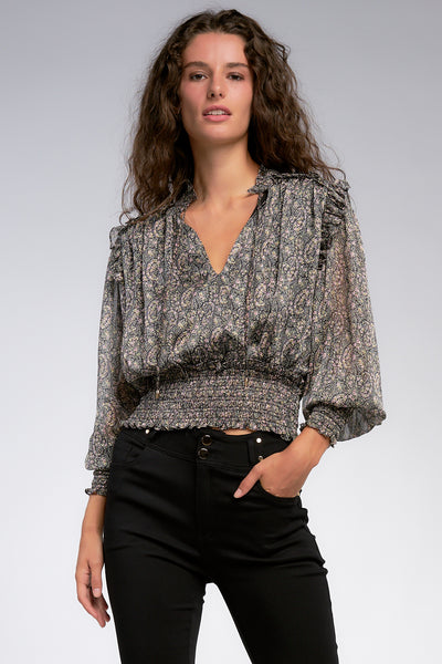 Black Paisley Smocked Top