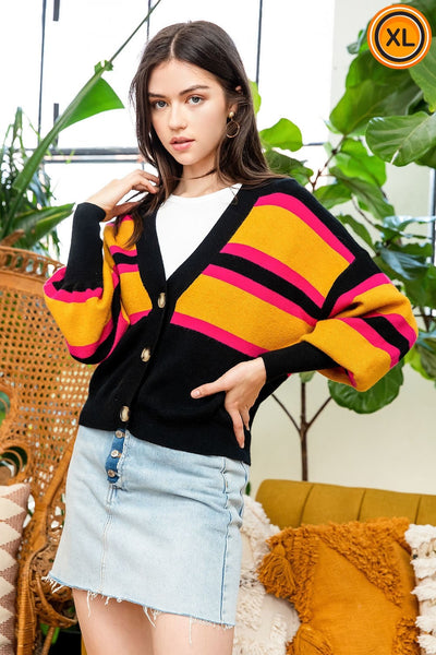 Black Striped Cropped Button Up Cardigan