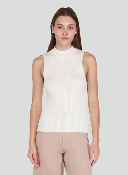 Black Tape Pearl Mock Neck Ribbed Sleeveless Top