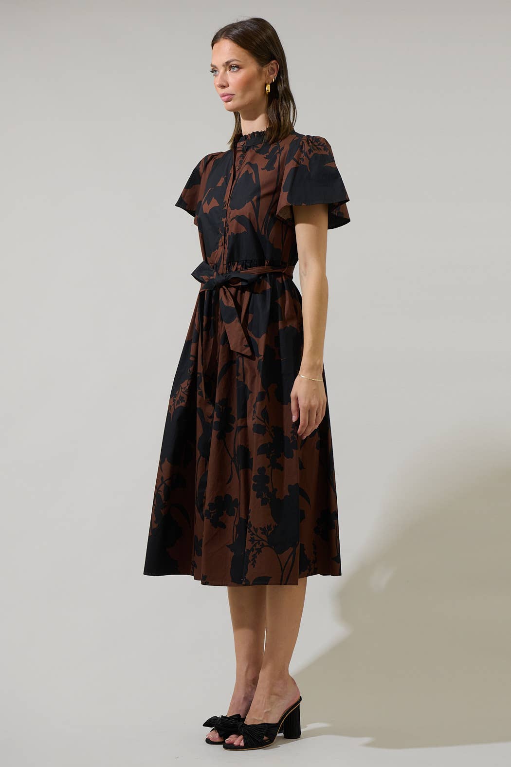 Black and Brown Floral Babydoll Midi Dress
