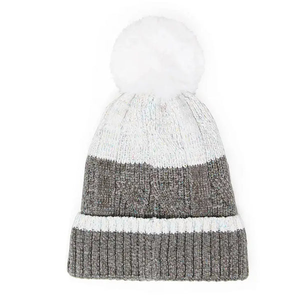 Two Tone Striped Cuff Pom Pom Beanie