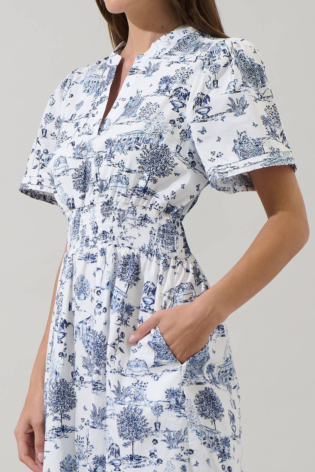Navy Blue White Toile Poplin Maxi Dress